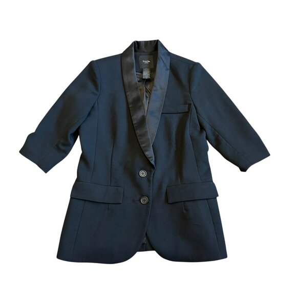 Smythe Black Wool Blend Silk Lapel Blazer Jacket 3/4 Sleeve Ruched Size 6 Womens - Picture 1 of 11